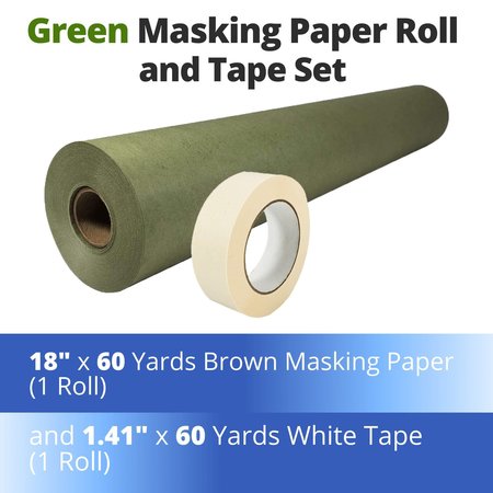 Idl Packaging 18 x 60 yd Green Masking Paper and 1 1/2 x 60 yd GP Masking Tape Set of 1 Each for Covering GRH-18, 4457-112